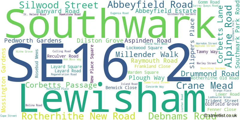 A word cloud for the SE16 2 postcode